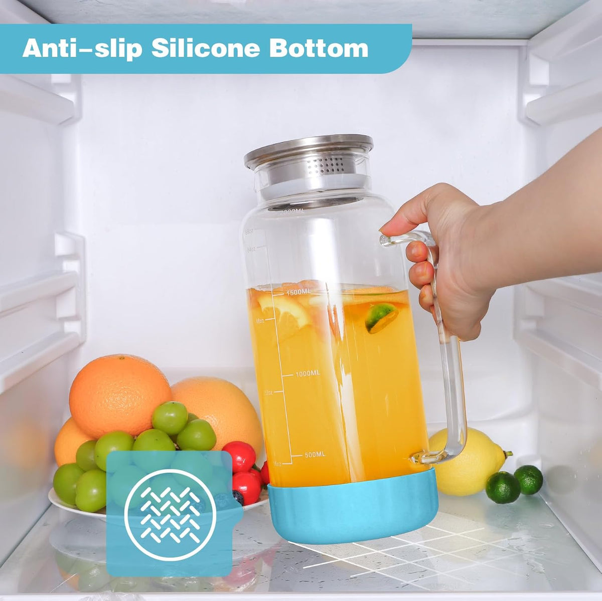 Aofmee 68oz Glass Pitcher with Lid, 2 Liter Water Carafe with Silicone Base and Precise Scale Line, Ice Tea Pitcher for Fridge