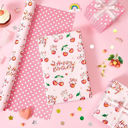 WERNNSAl Cherry Bow Wrapping Paper Roll- 1 Roll 17” x 33 ft Cherry Bow Tie Ribbon Gift Wrapping Paper for Girls Women Birthday Pink Birthday Wrap Paper with Polka Dot Design for Party Supplies