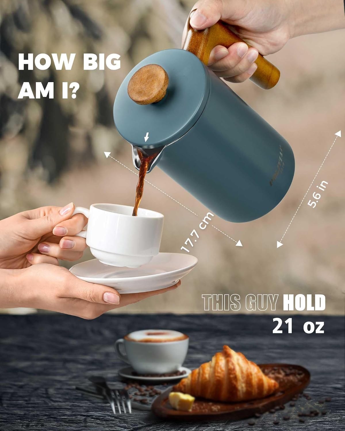 POLIVIAR French Press Coffee Maker, 21 oz Coffee Press with Real Wood Handle, Double Wall Insulation & Dual-Filter Screen, Food Grade Stainless Steel for Good Coffe and Tea, JX2024-SFPU