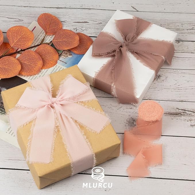Dusty Rose Chiffon Ribbon 1.5 Inch x 21Yds Handmade Fringe Chiffon Silk Ribbon Brown/Peach/Pink Frayed Chiffon Ribbon for Wedding Invitation Flower Bouquets Bridal Shower Gift Wrapping