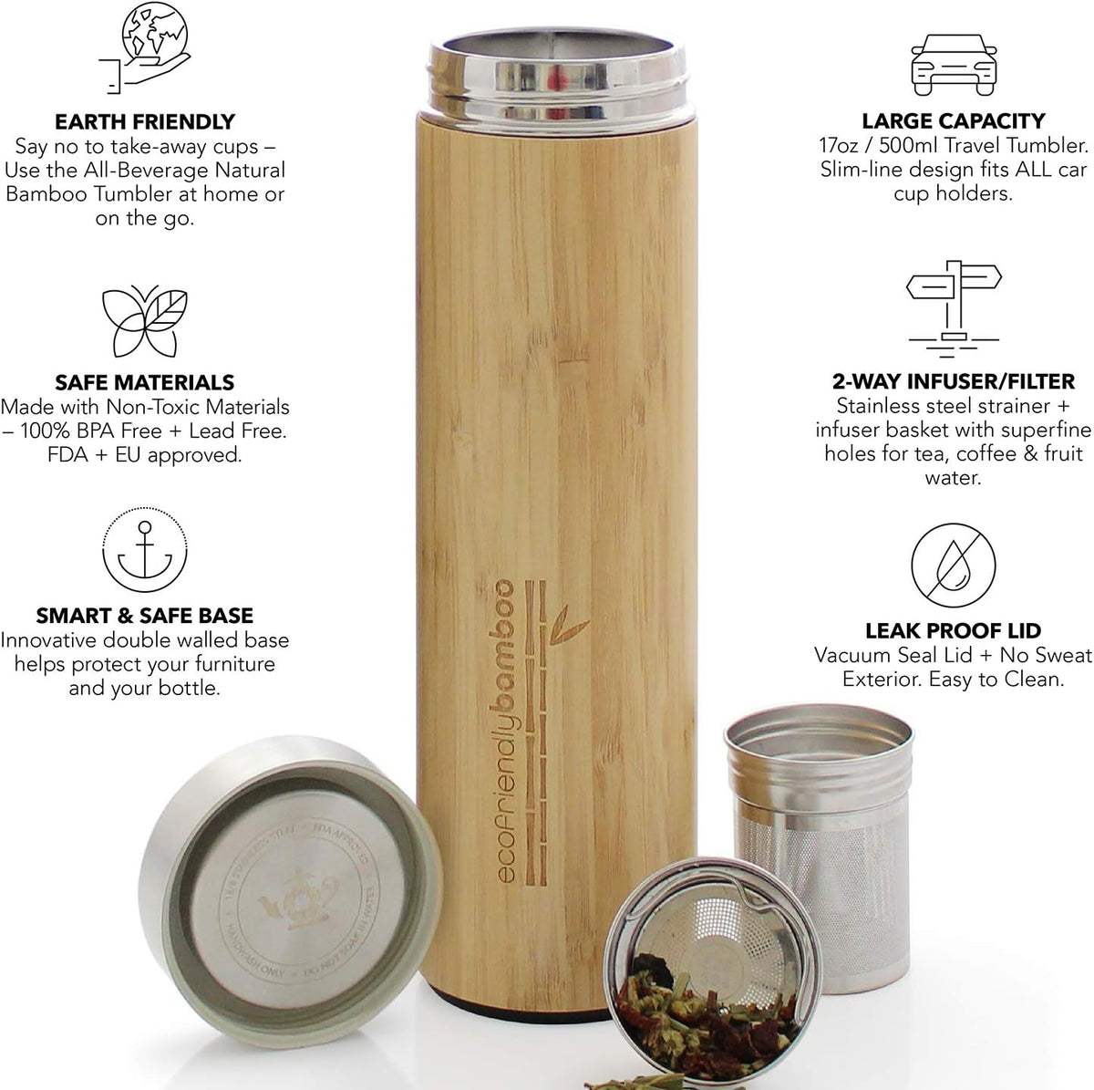 Teabloom All-Beverage Travel Tumbler – Large Capacity 17 oz / 500 ml – Insulated Thermos Mug – Eco-Friendly Bamboo – Hot and Cold Tea Infuser