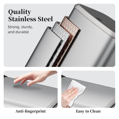 2.1 Gallon Bathroom Trash Can with Lid Press Top, 8 Liter Stainless Steel Garbage Can with Press Type Lid, Slim Trash Bin Waste Basket for Toilet, Office, Bedroom, Living Room (Silver)