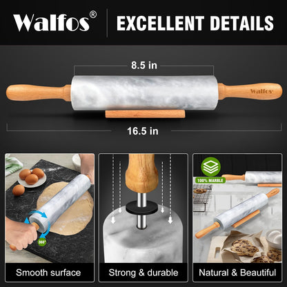 Walfos Marble Rolling Pin With Wooden Handles & Wood Cradle, 16.5 Inch Marble Rolling Pins For Making Pizza Dough And Tortillas