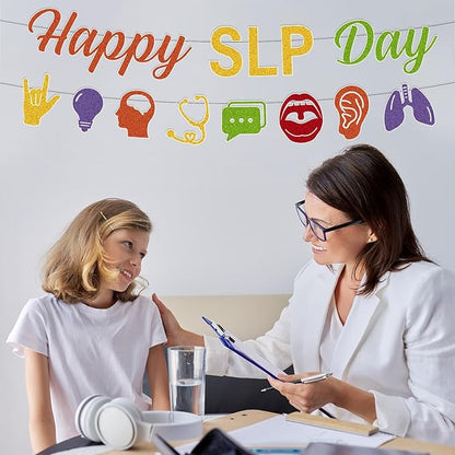 National SLP Day Decorations - 2PCS Gittler Happy SLP Day Speech Language Pathologist Awareness Banners Decor, Colorful Speech Therapy Month Party Supplies (No-DIY)