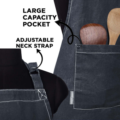 AMOUR INFINI Cotton Solid Aprons for Women with Pocket, Adjustable Strap and Waist Ties Washed Chef Aprons for Cooking, Baking and Gardening (27.5x33 Inches - Black)