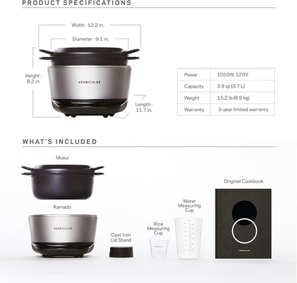 Vermicular Musui–Kamado (RICEPOT) | Cast Iron Induction Cooker | Precision Multicooker | Japanese Rice Cooker | Slow Cooker | Non-Toxic Enameled Cast Iron Pot | Charcoal | US Model (120V)