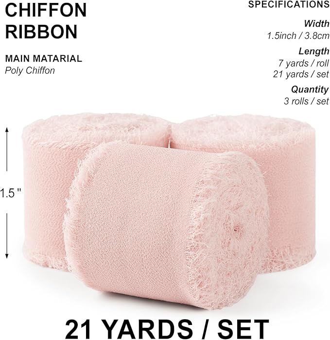 Blush Pink Chiffon Ribbon 1.5" x 21 Yd Handmade Fringe Silk Chiffon Fabric Ribbon for Gift Wrapping Wedding Invitation Bridal Flower Bouquet DIY Crafts Home Decor