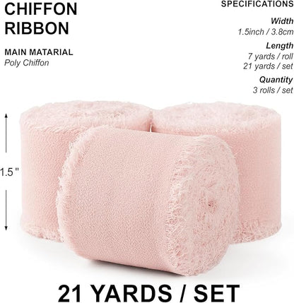 Blush Pink Chiffon Ribbon 1.5" x 21 Yd Handmade Fringe Silk Chiffon Fabric Ribbon for Gift Wrapping Wedding Invitation Bridal Flower Bouquet DIY Crafts Home Decor