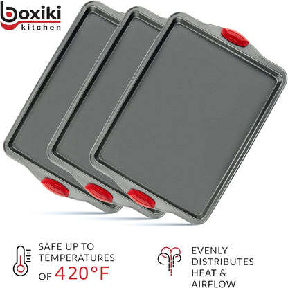 Premium Nonstick Baking Sheet Pans – Set of 3, Heavy-Gauge Carbon Steel, Warp, Dent, and Rust-Resistant – Gourmet Rimmed Half Cookie Sheet Trays