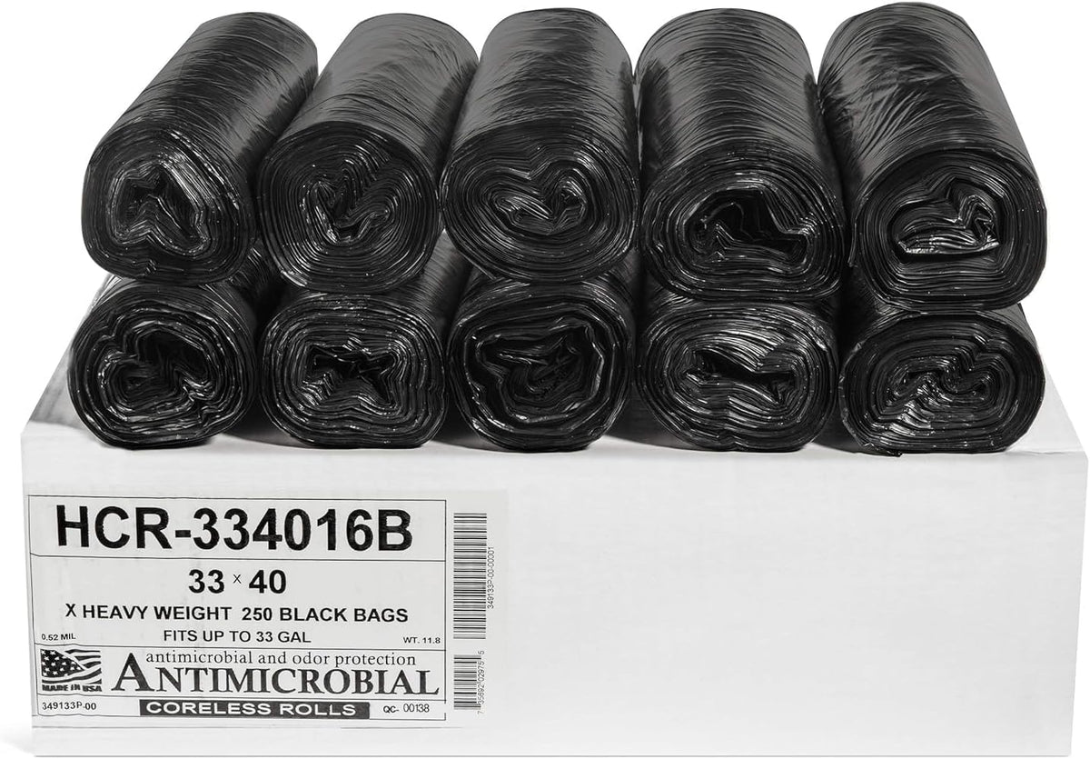 Aluf Plastics High Density Trash Bags, 33 Gallon, 250 Count, 16 Micron (eq), 33" x 40", Black, for Bathroom, Office, Industrial, Commercial, Janitorial, Municipal, Recycling