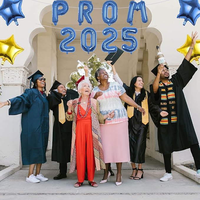 Prom 2026 Balloons Decorations, 16 Inch Foil Letter Number Balloons with 18 Inch Blue Gold Star Balloons for High School College Graduation Gift Retirement Ins Photo Party Supplies