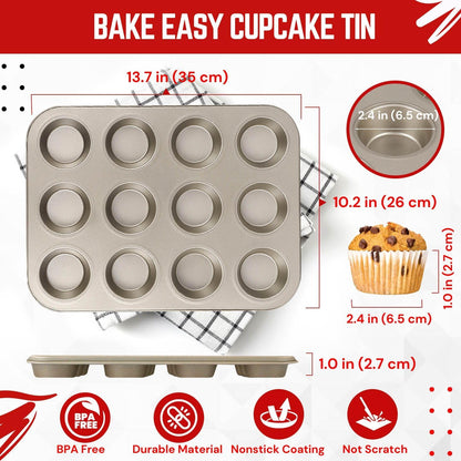 Flexzion Muffin Tray Cupcake Baking Pan 2 Pack, 12-Cup Nonstick Carbon Steel Muffin Tin Non-Stick Cupcake Tin Bakeware Accessories for Baking Cupcake Muffin Brownies Snack, Fridge Safe, Champagne Gold