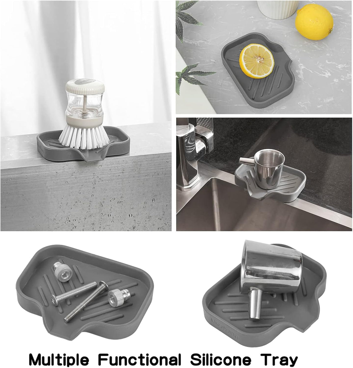 Silicone Bathroom Soap Dishes with Drain Spout-Bathroom and Kitchen Sink Organizer,Sponge Holder,Dish Soap Tray,Perfect for Dispenser,Scrubber,Bottle,Cup on Sink or Counter-Grey 4.9"×3.2"