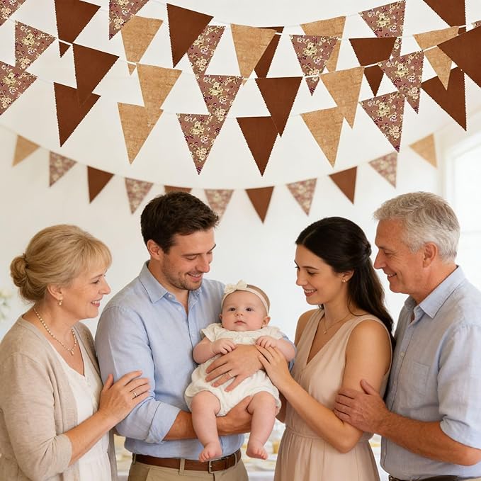 Zwiebeco 39Ft Brown Floral Fabric Pennant Banner Vintage Burlap Triangle Flag Retro Flower Bunting Party Decoration for Birthday Engagement Wedding Bridal Baby Shower Rustic Village Home Garden Decor