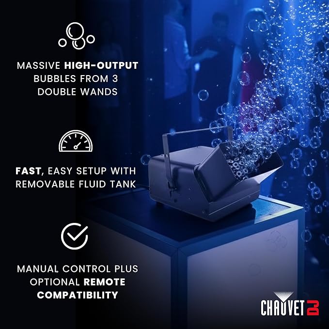 CHAUVET DJ Bubble King – High-Output Bubble Machine | 3 Dual Wands, Manual Output Button, Removable Fluid Tank | Optional Wired or Wireless Remote | 120V 60Hz Special Effects Unit