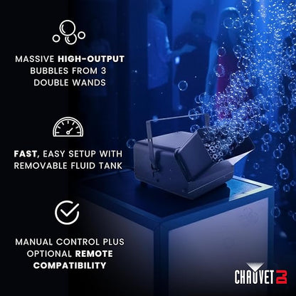 CHAUVET DJ Bubble King – High-Output Bubble Machine | 3 Dual Wands, Manual Output Button, Removable Fluid Tank | Optional Wired or Wireless Remote | 120V 60Hz Special Effects Unit