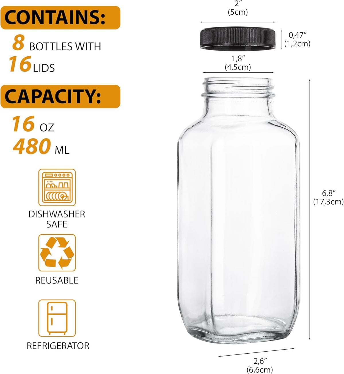 Juice Bottles with Lids, 16 Oz - Set of 8 - Clear Glass Jars with Caps - Reusable Empty Drink Containers for Juicing, Smoothies, Water, Milk