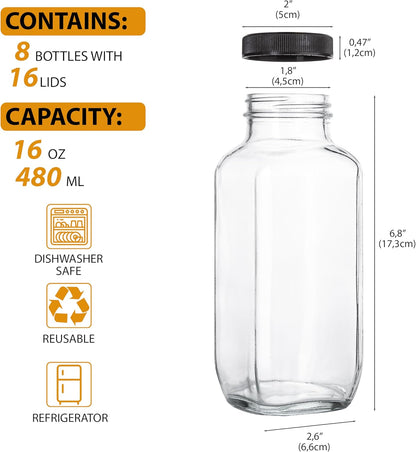 Juice Bottles with Lids, 16 Oz - Set of 8 - Clear Glass Jars with Caps - Reusable Empty Drink Containers for Juicing, Smoothies, Water, Milk