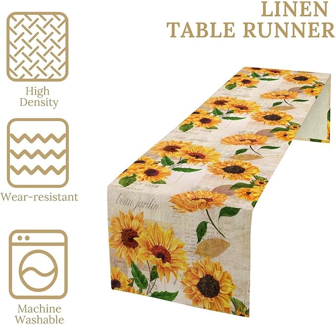 Sunflower Table Runner, Rustic Old Paper Seasonal Table Runner Farmhouse Kitchen Home Party Dining Room 13x108in