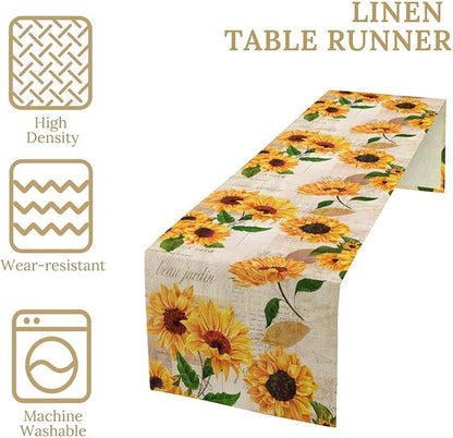 Sunflower Table Runner, Rustic Old Paper Seasonal Table Runner Farmhouse Kitchen Home Party Dining Room 13x108in
