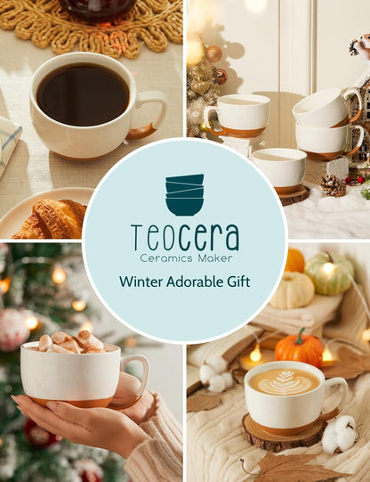 Teocera Beige Coffee Mugs Set of 4, 16 oz Ceramic Coffee Mug, Large Mug Set with Handle for Cold or Hot Drinks like Cocoa, Latte, Milk, Cereal