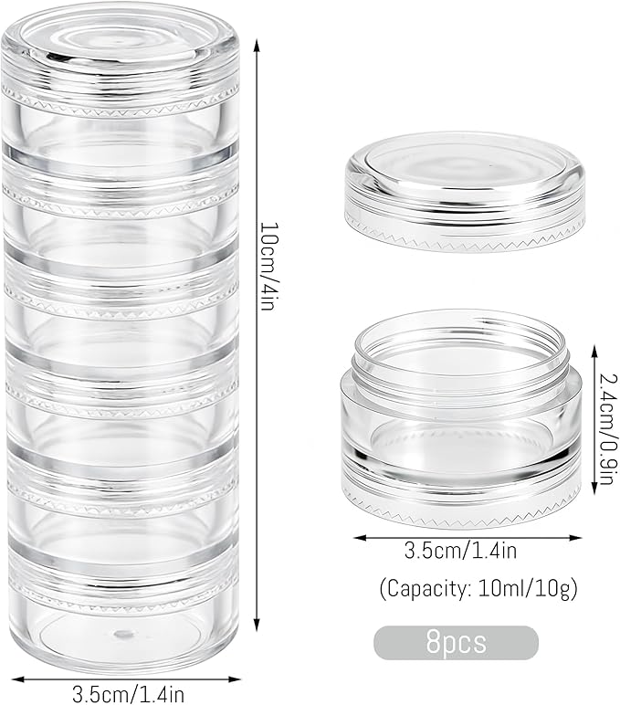 8 Sets 6 Layer Stackable Plastic Containers, 10G/10ML Clear Cosmetic Storage Box Round Organizer Jars for Beads, Buttons, Small Jewelry Findings