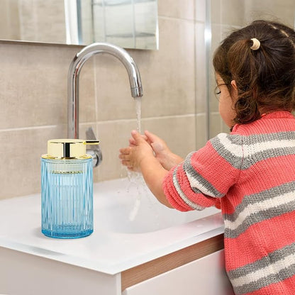 Foaming Soap Dispenser, 12 Oz Blue Glass Foam Hand Soap Dispenser, Refillable Glass Foam Pump Bottle Container Decorative Slim Ribbed Bottle for Bathroom and Kitchen