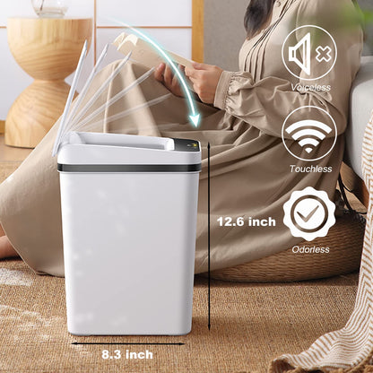 Yatmung 2.5 Gallon Smart Trash Can Sensor Motion - Touchless Bathroom Trash Can - Skinny Trash Bin with Lid - Electric, Narrow, Plastic, Auto Open - Small Slim Automatic Garbage Can (White)