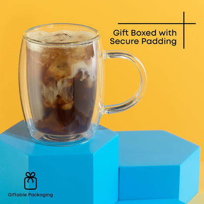 JoyJolt Double Wall Glasses 13.5-Ounce Insulated Mugs Double Walled Glass Cups For Coffee Tea Set of 2