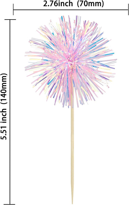 Ephlyn 30Pcs Foil Firework Cupcake Toppers Happy Birthday Cake Toppers Tinsel Flower Drink Stirrers Cocktail Food Fruit Toothpicks for Valentine's Day Party Decorations Pink