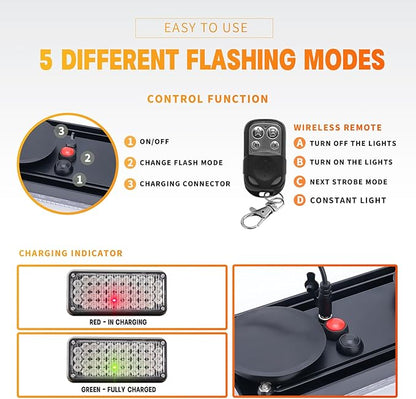 Red Magnetic Flashing Strobe Light/w Controller, Battery Operated Rechargeable LED Safety Lights, Mini Portable Emergency Warning Light Bar for Police Car, Fire Trucks Vehicles 2-Pcs