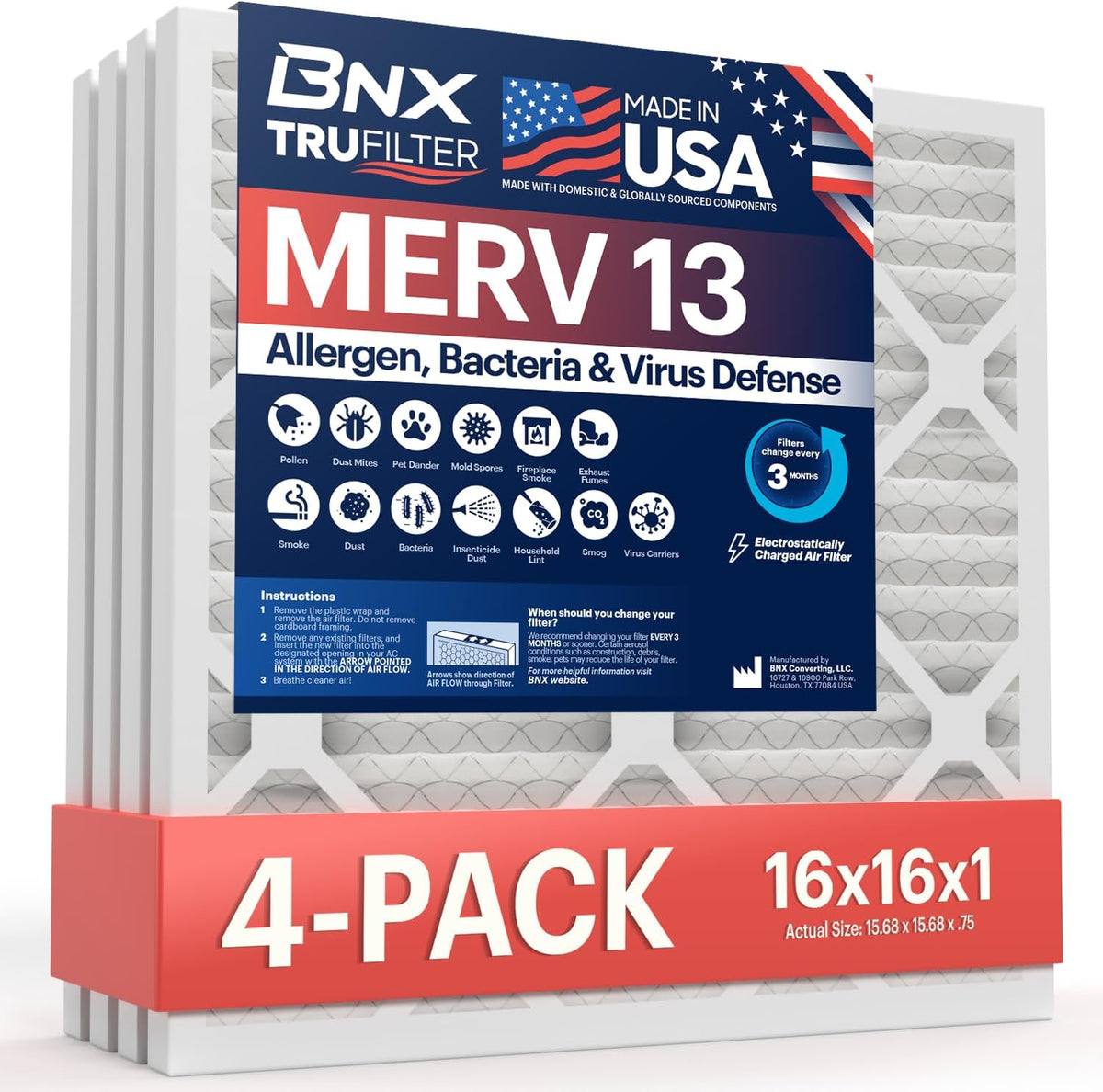 BNX TruFilter 16x16x1 Air Filter MERV 13 (4-Pack) - MADE IN USA - Electrostatic Pleated Air Conditioner HVAC AC Furnace Filters for Allergies, Pollen, Mold, Bacteria, Smoke, Allergen, MPR 1900 FPR 10