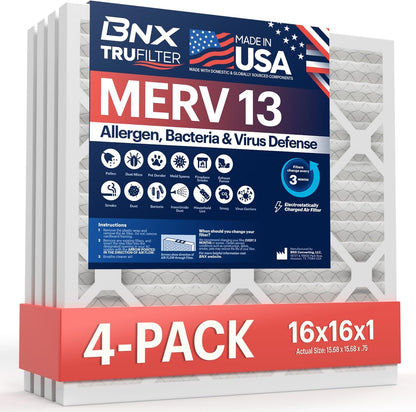 BNX TruFilter 16x16x1 Air Filter MERV 13 (4-Pack) - MADE IN USA - Electrostatic Pleated Air Conditioner HVAC AC Furnace Filters for Allergies, Pollen, Mold, Bacteria, Smoke, Allergen, MPR 1900 FPR 10