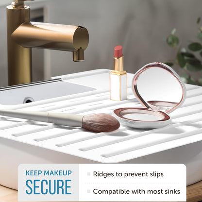 Maplefield Bathroom Sink Cover & Silicone Makeup Mat - White, 22 x 2 x 2 In - Heat Resistant to 400°F - Foldable Roll-Up Design with Raised Ridges - Space-Saving Countertop Mat