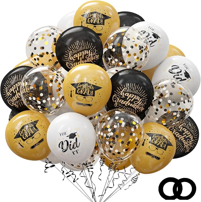 75 Pack Graduation Party Decorations Balloons Set - 12 Inch Black Gold Balloons with Balloon Ribbons for Graduation Party Decoration Supplies