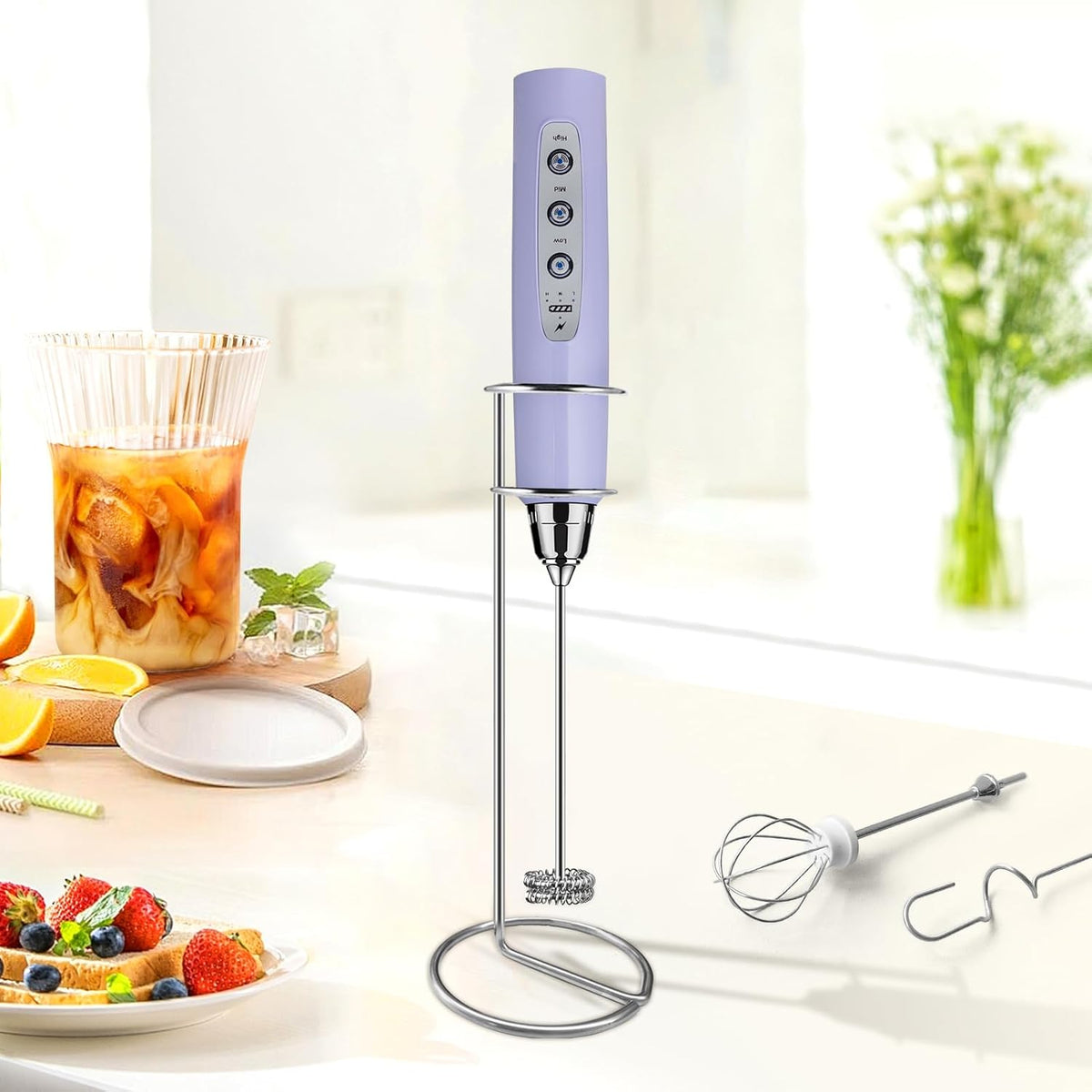 Milk Frother with Stand Rechargeable- Handheld Coffee Frother with 3 Stainless Whisks 3 Speed Adjustable, Electric Whisk Drink Mixer, Foam Maker Blender for Matcha Latte Cappuccino Chocolate