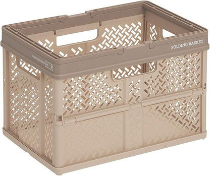 Tenma Folding Compact Storage Box with Handle Finished Product, Folding Basket, Size M, Folding Container Designed to Fit Rooms, Oricon Basket, Basket Perfect for A4 Files, Plastic, [Color Beige]