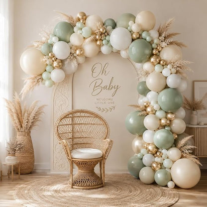 Sage Green Balloon Garland Kit, Green and White Balloon Arch Kit Olive Green White Gold Champagne Party Balloons Lime Green Beige Latex Balloons for Baby Shower Birthday Jungle Safari Party Decoration