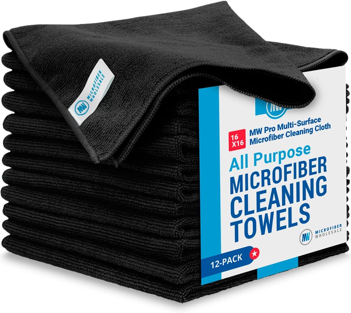 Microfiber Wholesale MW Pro Multi-Surface Microfiber Towel – 12 Pack, Premium Cleaning Cloth, Clean, Dust, Polish, Absorb, Large 16"x16" (Black)