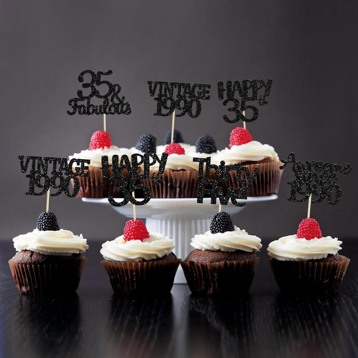 Gyufise 30 Pack Vintage 1989 Cupcake Toppers Black Glitter Thirty Five Happy 35 Cake Decorations Cheers to 35 Years Birthday Cupcake Picks 35th