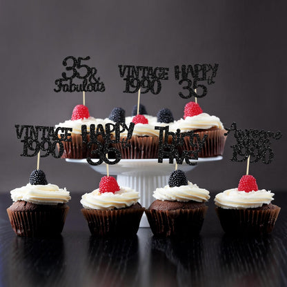 Gyufise 30 Pack Vintage 1989 Cupcake Toppers Black Glitter Thirty Five Happy 35 Cake Decorations Cheers to 35 Years Birthday Cupcake Picks 35th