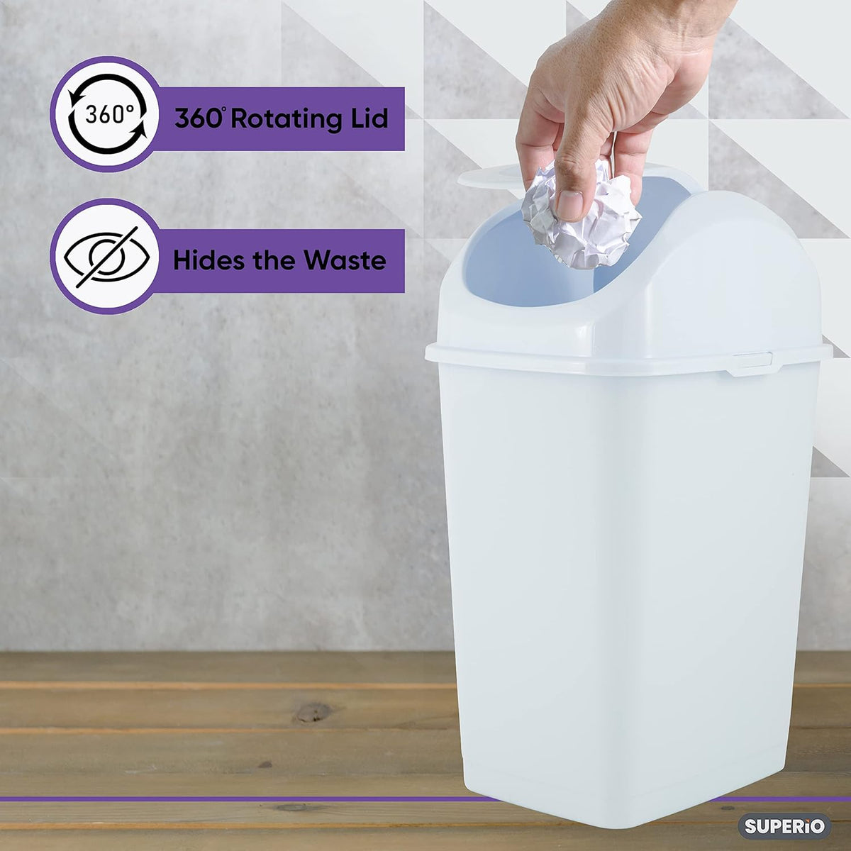 Superio Small 2.5 Gallon Plastic Trash Can with Swing Top Lid, Compact Slim Waste Bin for Under Desk, Office, Bedroom, Bathroom, Dorm Room, 10 Qt. Portable Garbage Can (White)