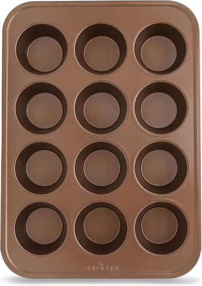 NutriChef 12-cup Golden Oven Muffin Pan, Non-Stick Coated Layer Surface, Even Heating Muffin Tray for Muffins, Cupcakes, Pastries & Mini Pies
