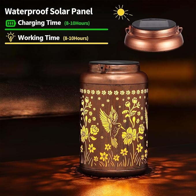 2 Pack Solar Lanterns Outdoor Waterproof, Hummingbird Garden Decor Gifts for Women Mom Grandma Hanging Solar Lights Metal Solar Decoration Outside for Yard, Patio, Lawn, Pathway