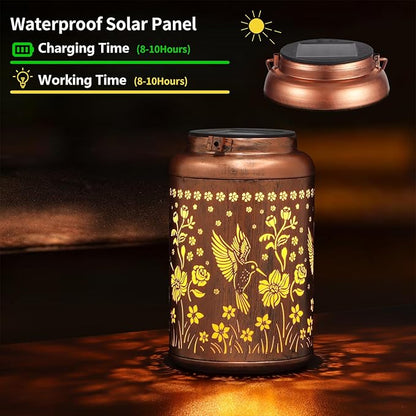 2 Pack Solar Lanterns Outdoor Waterproof, Hummingbird Garden Decor Gifts for Women Mom Grandma Hanging Solar Lights Metal Solar Decoration Outside for Yard, Patio, Lawn, Pathway