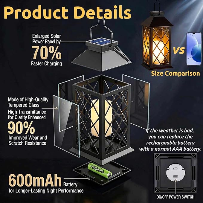 Solar Lanterns Outdoor Waterproof, 2 Pack 9" Glass Hanging Solar Lights with Flickering Flameless Candle, Outdoor Lanterns for Patio Wall Porch Table Garden Tree, Gift for Women Mom - Black