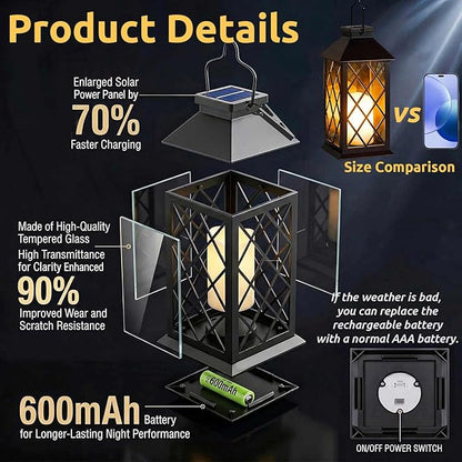 Solar Lanterns Outdoor Waterproof, 2 Pack 9" Glass Hanging Solar Lights with Flickering Flameless Candle, Outdoor Lanterns for Patio Wall Porch Table Garden Tree, Gift for Women Mom - Black