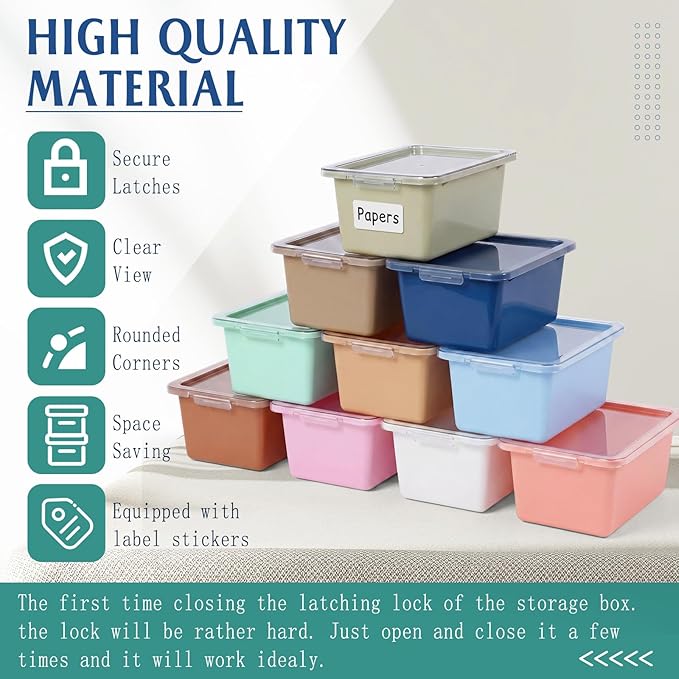 10 Pcs Cubby Bin with Clear Latching Lid Label Sticker Colored Plastic Stackable Book Storage Container for Classroom Office Home Sorting Arts Craft Desk Organizer(Boho)