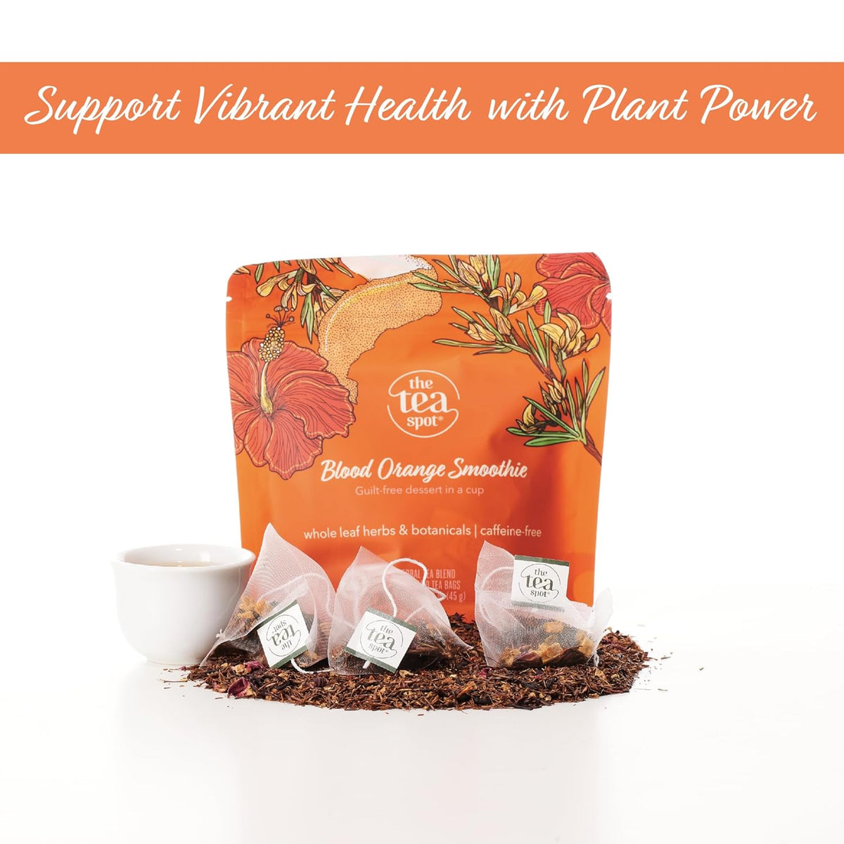 The Tea Spot Blood Orange Smoothie Herbal Tea, Blend of Rooibos Tea, Orange Peel, Hibiscus, Rosehips, Rose Petals, Safflowers