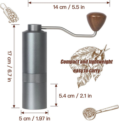 Manual Coffee Grinder - Precision CNC Stainless Steel Burr Grinder with Adjustable Settings, Grey Blue, Double Bearings for Smooth Grinding - Ideal for Home, Office, and Camping Espresso Enthusiasts